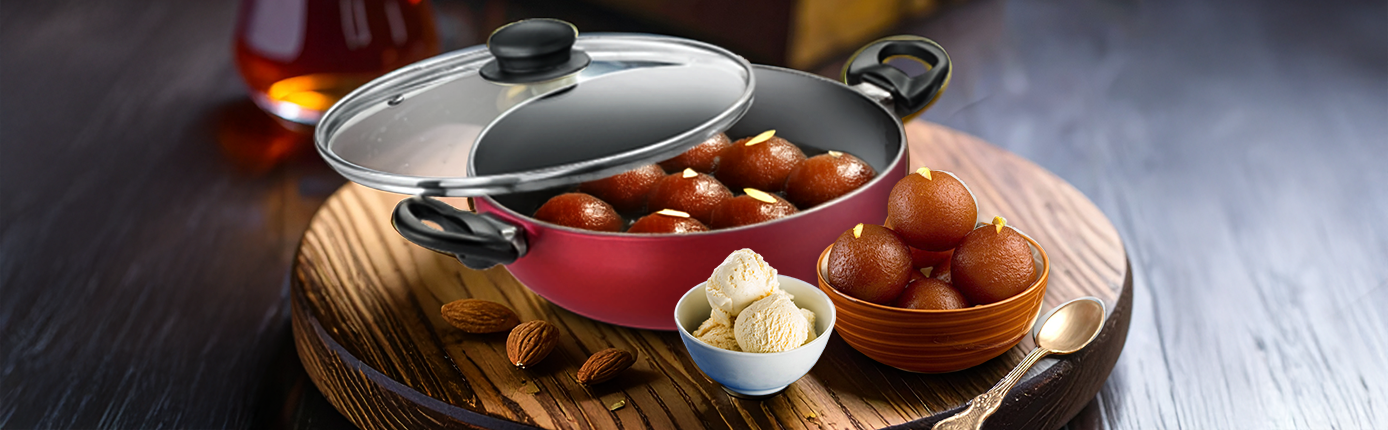 Gulab Jamun in Prestige Omega Build Induction Base Non-Stick Kadhai (PRSS-20cm)